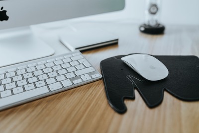 kaboompics_White Apple iMac computer with elephant mousepad (2)